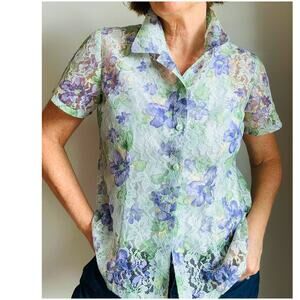 Vintage Lace Womens Blouse Size 12/Petite Sheer Purple/Green Grannycore